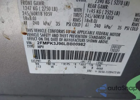 2020 Ford Edge Sel из США, поврежденный, VIN 2FMPK3J96LBB00982